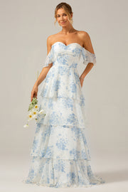 White Blue Floral A-Line Off The Shoulder Tiered Print Maxi Dress