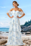 A-Line White Blue Floral Off The Shoulder Tiered Long Bridesmaid Dress