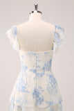 White Blue Floral A-Line Off The Shoulder Tiered Print Bridesmaid Dress