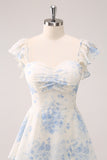 White Blue Floral A-Line Off The Shoulder Tiered Print Bridesmaid Dress