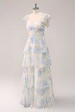 White Blue Floral A-Line Off The Shoulder Tiered Print Bridesmaid Dress