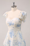 White Blue Floral A-Line Off The Shoulder Tiered Print Bridesmaid Dress