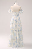 White Blue Floral A-Line Off The Shoulder Tiered Print Bridesmaid Dress