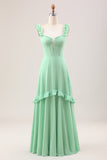 Green A Line Off The Shoulder Corset Chiffon Long Bridesmaid Dress with Ruffles