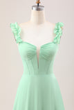 Green A Line Off The Shoulder Corset Chiffon Long Bridesmaid Dress with Ruffles