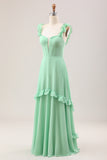 Green A Line Off The Shoulder Corset Chiffon Long Bridesmaid Dress with Ruffles