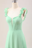 Green A Line Off The Shoulder Corset Chiffon Long Bridesmaid Dress with Ruffles