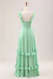 Green A Line Off The Shoulder Corset Chiffon Long Bridesmaid Dress with Ruffles