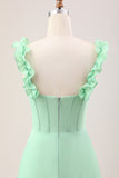 Green A Line Off The Shoulder Corset Chiffon Long Bridesmaid Dress with Ruffles