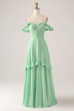 Green A Line Off The Shoulder Corset Chiffon Long Bridesmaid Dress with Ruffles