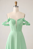 Green A Line Off The Shoulder Corset Chiffon Long Bridesmaid Dress with Ruffles