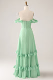 Green A Line Off The Shoulder Corset Chiffon Long Bridesmaid Dress with Ruffles