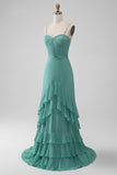 Grey Green A-Line Spaghetti Straps Tiered Chiffon Long Bridesmaid Dress