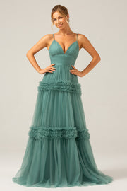 Grey Green A-Line Spaghetti Straps Pleated Backless Long Bridesmaid Dress