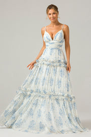 White Blue Flower A-Line Spaghetti Straps Backless Print Maxi Dress