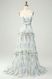 A-Line Spaghetti Straps Pleated White Blue Flower Maxi Bridesmaid Dress