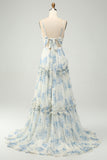 A-Line Spaghetti Straps Pleated White Blue Flower Maxi Bridesmaid Dress