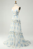 A-Line Spaghetti Straps Pleated White Blue Flower Maxi Bridesmaid Dress