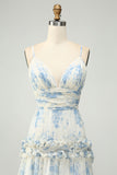 A-Line Spaghetti Straps Pleated White Blue Flower Maxi Bridesmaid Dress