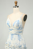 A-Line Spaghetti Straps Pleated White Blue Flower Maxi Bridesmaid Dress