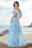 White Blue Flower A-Line Off The Shoulder Chiffon Tiered Long Bridesmaid Dress