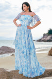 White Blue Flower A-Line Off The Shoulder Chiffon Tiered Long Bridesmaid Dress