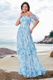 White Blue Flower A-Line Off The Shoulder Chiffon Tiered Long Bridesmaid Dress