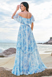 White Blue Flower A-Line Off The Shoulder Chiffon Tiered Long Bridesmaid Dress