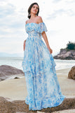 White Blue Flower A-Line Off The Shoulder Chiffon Tiered Long Bridesmaid Dress