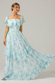 White Blue Floral Print A Line Off The Shoulder Tiered Bridesmaid Dress