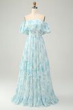 A Line Off The Shoulder Tiered White Blue Floral Maxi Dress