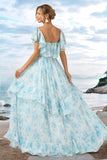 A Line Off The Shoulder White Blue Floral Tiered Long Bridesmaid Dress