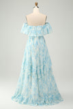 A Line Off The Shoulder Tiered White Blue Floral Maxi Dress