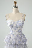 White Purple Flower A Line Spaghetti Straps Tiered Corset Maxi Dress