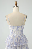 White Purple Flower A Line Spaghetti Straps Tiered Corset Maxi Dress