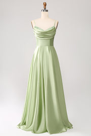 Green A-Line Cowl Neck Spaghetti Straps Maxi Dress With Sequins