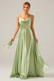 Dusty Sage A-Line Cowl Neck Spaghetti Straps Bridesmaid Dress With Sequins