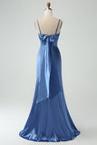 Grey Blue Mermaid Spaghetti Straps Lace-up Back Bridesmaid Dress With Slit