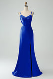 Grey Blue Mermaid Spaghetti Straps Lace-up Back Bridesmaid Dress With Slit