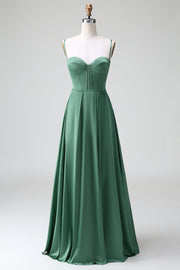 A Line Spaghetti Straps Corset Pleated Satin Bridesmaid Dress with Lace-Up Back