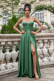 Eucalyptus A Line Lace-Up Back Corset Pleated Satin Bridesmaid Dress with Pocket