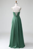 A Line Spaghetti Straps Corset Pleated Satin Bridesmaid Dress with Lace-Up Back