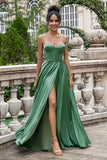 Eucalyptus A Line Lace-Up Back Corset Pleated Satin Bridesmaid Dress with Pocket