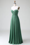 A Line Spaghetti Straps Corset Pleated Satin Bridesmaid Dress with Lace-Up Back