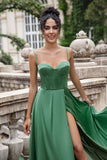 Eucalyptus A Line Lace-Up Back Corset Pleated Satin Bridesmaid Dress with Pocket