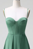 A Line Spaghetti Straps Corset Pleated Satin Bridesmaid Dress with Lace-Up Back