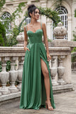 Eucalyptus A Line Lace-Up Back Corset Pleated Satin Bridesmaid Dress with Pocket