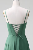 A Line Spaghetti Straps Corset Pleated Satin Bridesmaid Dress with Lace-Up Back