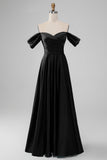 A Line Off The Shoulder Pleated Satin Long Dark Green Bridesmaid Dress