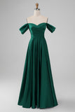 A Line Off The Shoulder Pleated Satin Long Dark Green Bridesmaid Dress